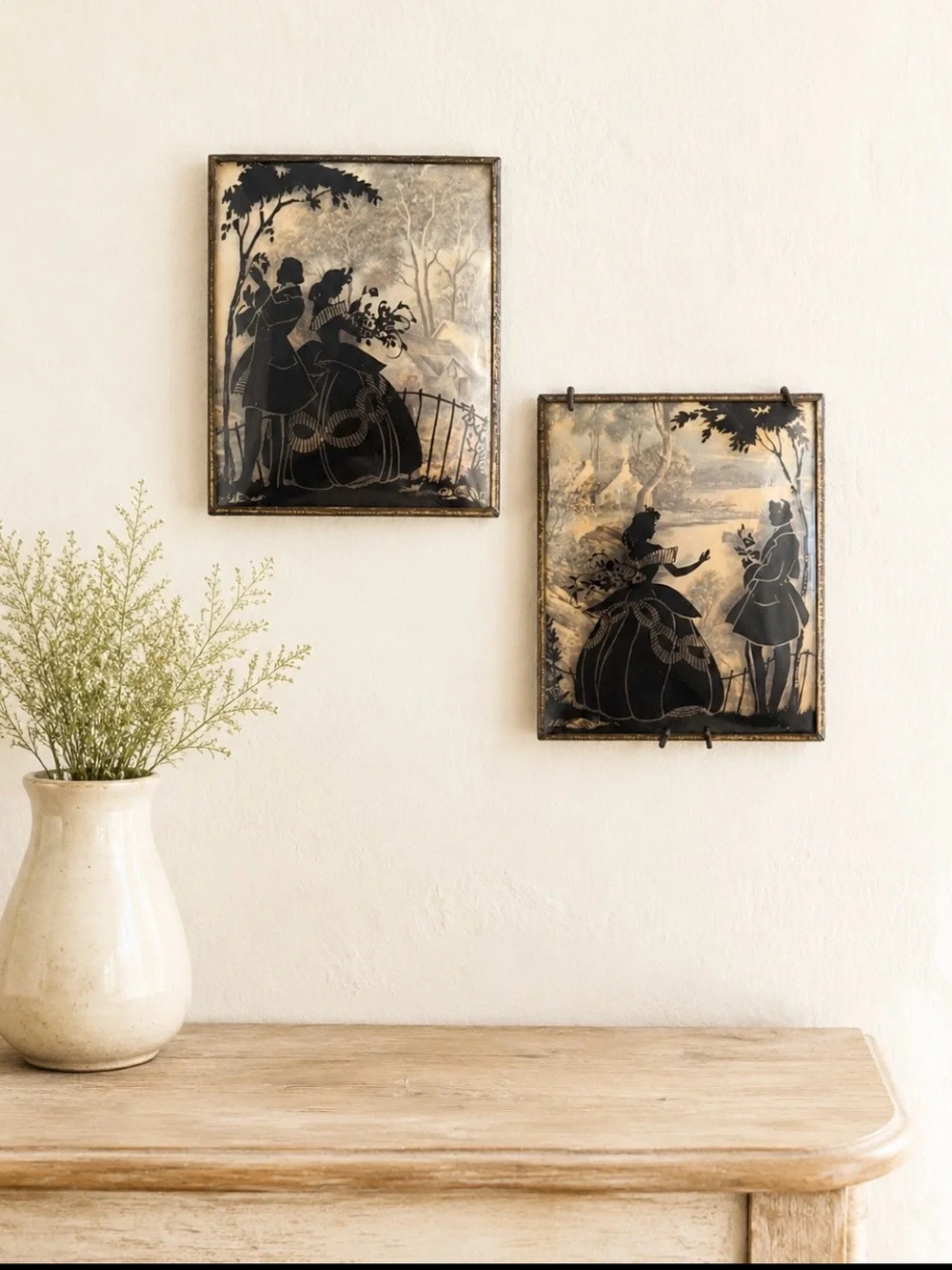 2 1940’s Convex Glass Victorian Art Pictures. Silhouette | Reverse | 4x5